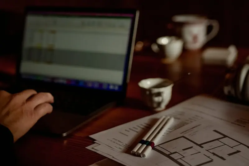 A hand on a laptop showing a blurred spreadsheet beside a floor plan sheet and pencils on a dark desk