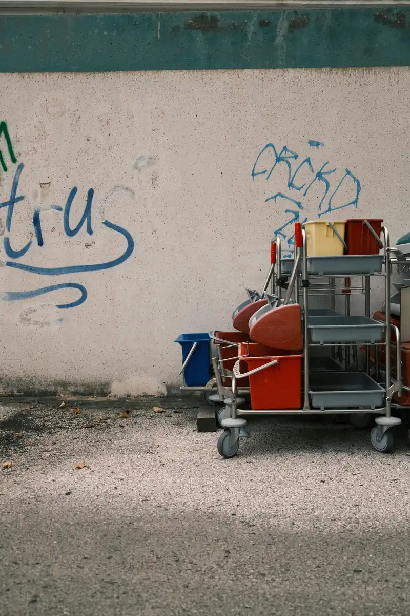 Janitorial cleaning cart with buckets parked against a wall