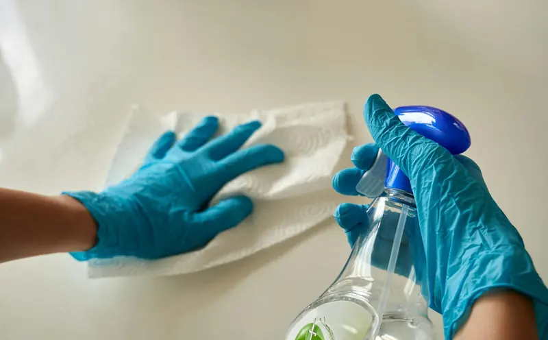 Gloved hands wiping a surface with a paper towel while holding a spray bottle
