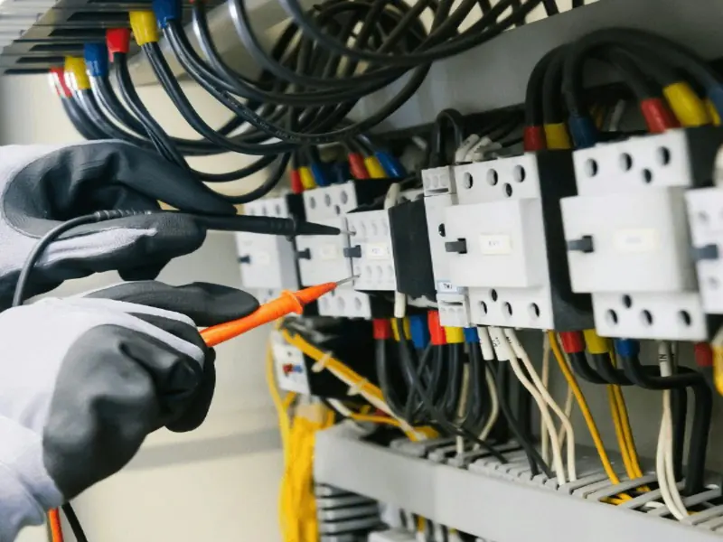 Gloved hands testing a wired electrical panel with a multimeter probe